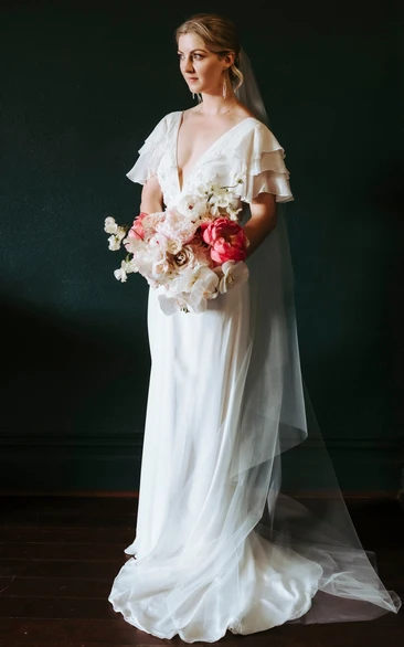 Sheath V-neck Elegant Short Sleeve Bridal Dress White Chiffon Sweep Train