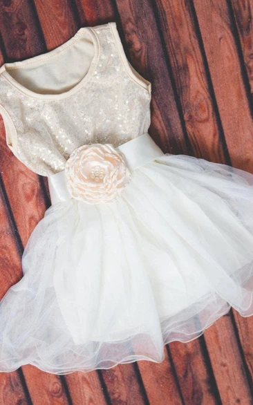 Strapless Tulle Dress With Sequins&Flower Belt
