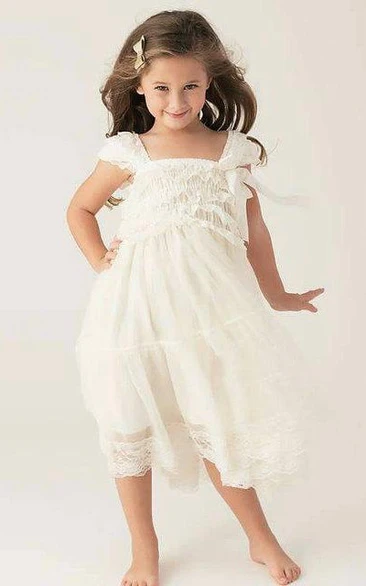 Ruffled Short Sleeve Tulle lace Dress With Flower