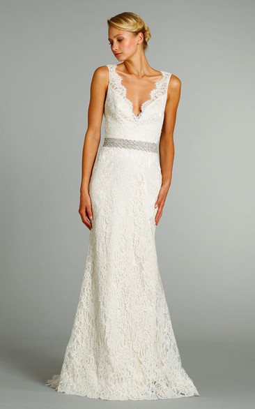 Stunning V-Neck Long Lace Gown With Crystal Embroidered Belt