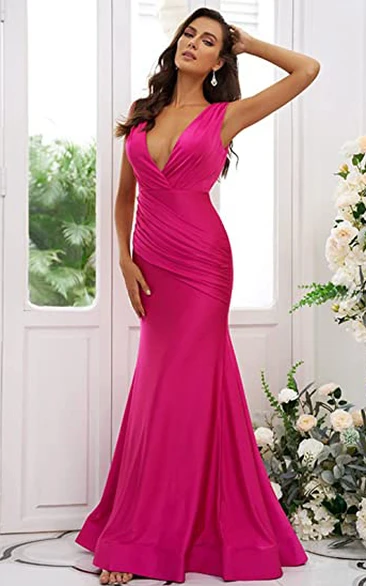 Mermaid Plunging Neckline Satin Garden Prom Dress Simple Casual Sexy Romantic Adorable With Deep-V Back And And Sleeveless