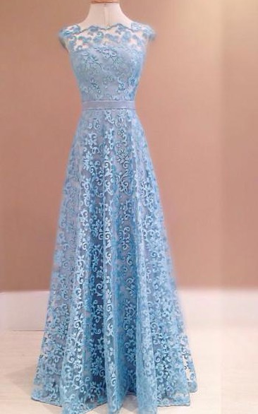 Gorgeous Blue Lace Evening Dress Sleeveless Floor Length
