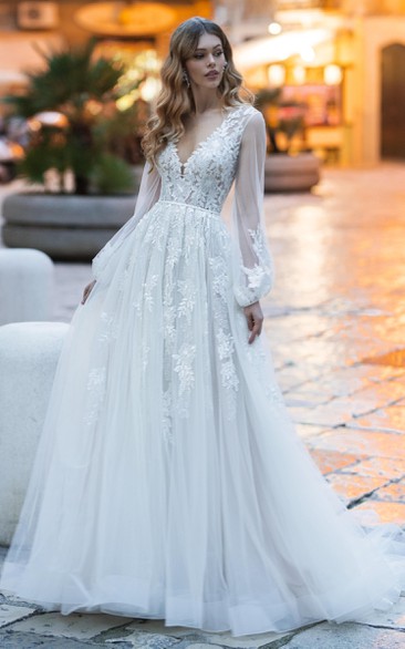 Boho Romantic V-neck A Line Lace Court Train Long Sleeve Wedding Dress with Appliques
