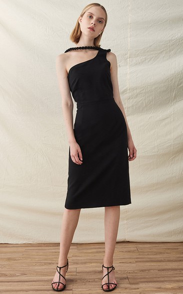 Casual One-shoulder Sleeveless Knee-length Jersey Pencil Cocktail Dress with Split Back