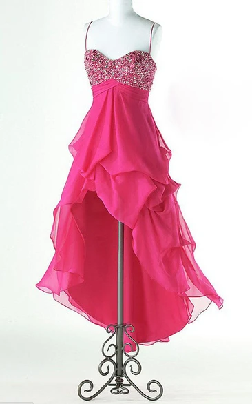 Glamorous Hi-Lo Chiffon Prom Dress Spaghetti Strap Crystals