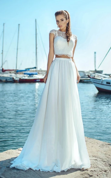 Two-piece Jewel Neck Cap-sleeve Floor Length Pleated Wedding Dress