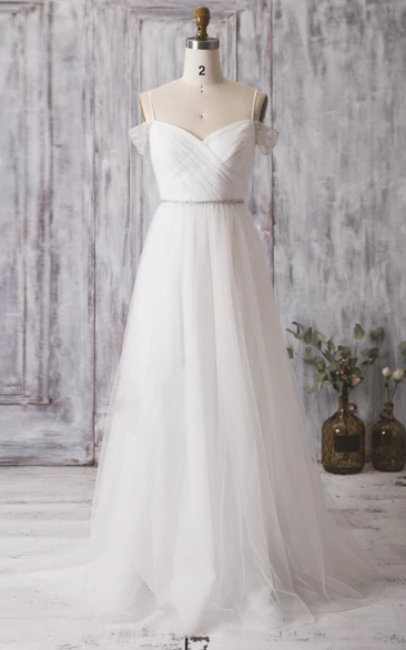 Spaghetti Strap Long A-Line Tulle Wedding Dress With Crisscross Ruching