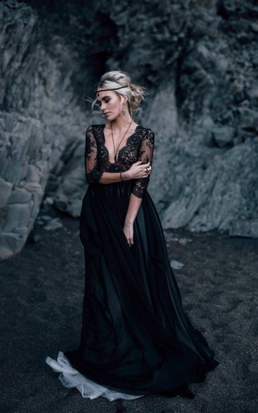 Sheath V-neck Floor-length Dress 3/4 Length Sleeve Button Illusion Back Black Wedding Dress With Lace 