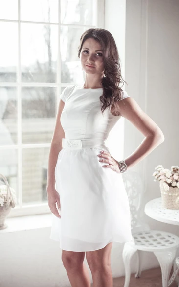 Jewel Cap Sleeve Short Satin Wedding Dress With Sash And Sequins