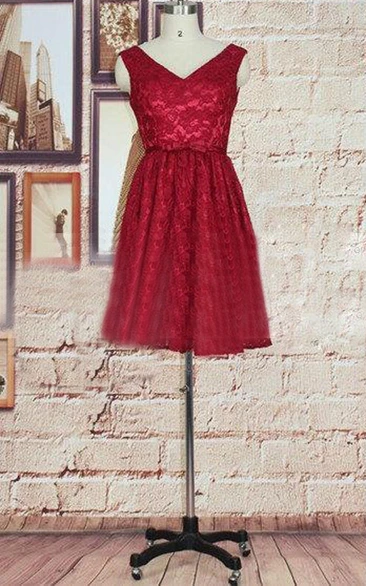 Short Lace Dress With Bow&Beading