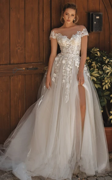Sexy Off-the-shoulder Short Sleeve Sweep Train Floor-Length A Line Wedding Dress With Appliques