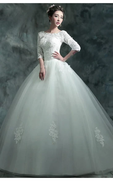 Modern Lace Appliques 3 4-Long Sleeve Wedding Dress Sweep Train