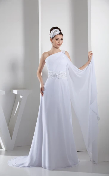 Side Draping One-Shoulder A-Line Dress with Beadings and Brush Train