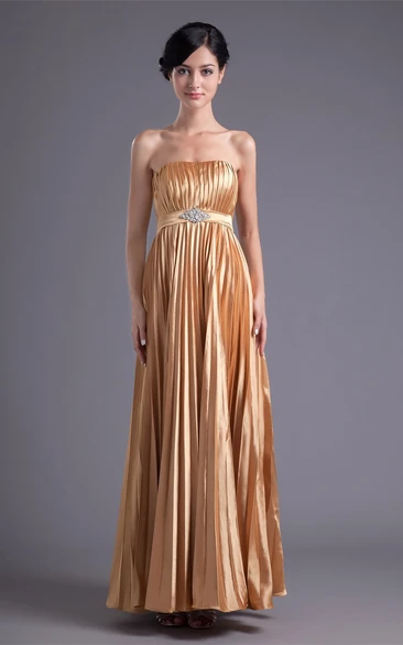 Strapless Pleated Ankle-Length Dress with Broach