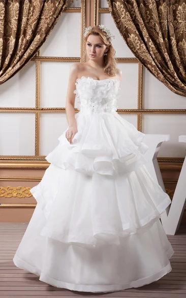 Strapless A-Line Tiered Ball Gown with Floral Top
