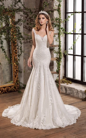 Luxury Lace Notched Floor Length Open Back Bridal Gown