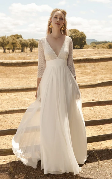 Chiffon 3/4 Sleeve Ethereal Plunging Wedding Dress With Lace Top And Deep V-back