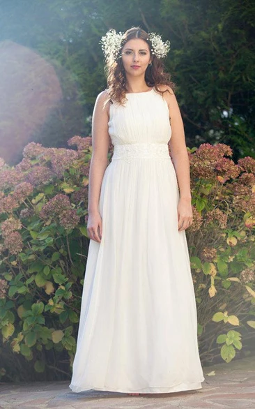Jewel Sleeveless Long Chiffon Wedding Dress With Sash Fld Pleats
