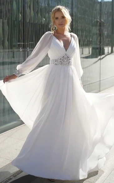 Flowy Fall Boho Long Sleeve V Neck Lace A Line Chiffon Wedding Dress with Zipper and Low V Back June Bridals