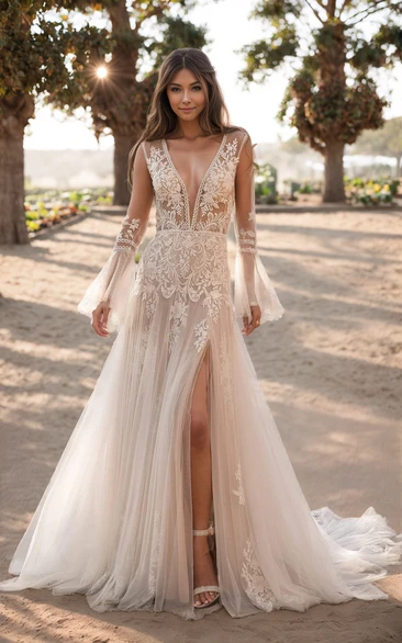 Sexy Flowy Boho Lace A-Line Fall Long Sleeve Beach Wedding Dress Ethereal Elopement Split Front Floral Tulle Appliques with Court Train