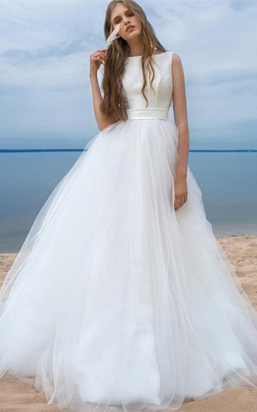 Simple Ball Gown Satin Tulle Bateau Sleeveless Wedding Dress With Bow and Ribbon