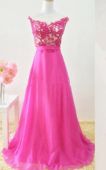 A-line Sweep Train Chiffon Dress With Lace Bodice And Low-V Back