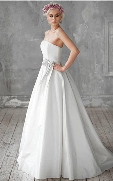 Strapless Long A-Line Taffeta Wedding Dress With Bow Sash