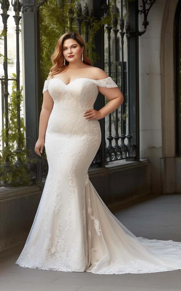 Plus size off the best sale shoulder lace wedding dresses