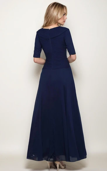 Modest Elegant A-Line V-Neck Chiffon Sleeved MOB Gown Simple