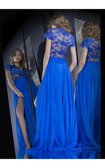 Hot Sale Long Lace Royal Blue Prom Dresses Slit Front Short Sleeves Evening Gown