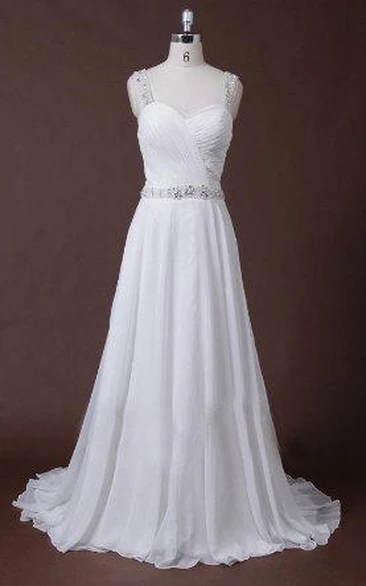 A-Line Strapped Sweetheart Chiffon Satin Dress With Pleats Beading