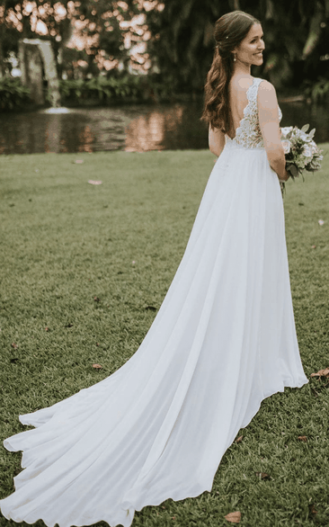 A Line V-neck Chiffon and Lace Floor-length Court Train Sleeveless Wedding Dress
