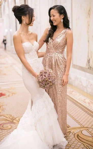 Glamorous V-neck Sleeveless Bridesmaid Dress Floor-longth With Sequins