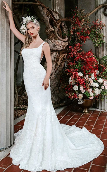 Modern Square Sleeveless Floor-length Lace Mermaid Wedding Dress