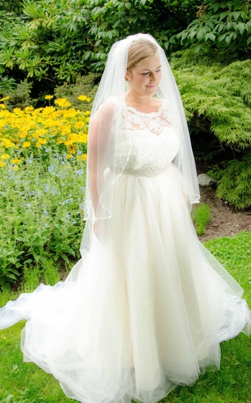 Jewel Sleeveless Long Tulle Wedding Dress With Sash And Crystal Detailing