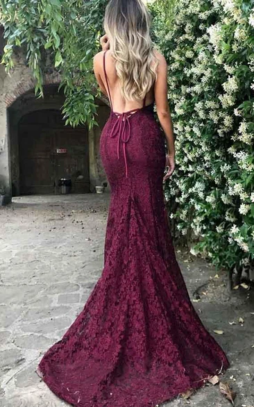 Mermaid Spaghetti Straps Burgundy Lace Backless Prom Dress