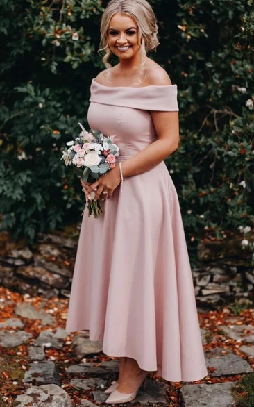 Solid A Line Satin Off-the-shoulder Sleeveless Bridesmaid Dress with Pleats