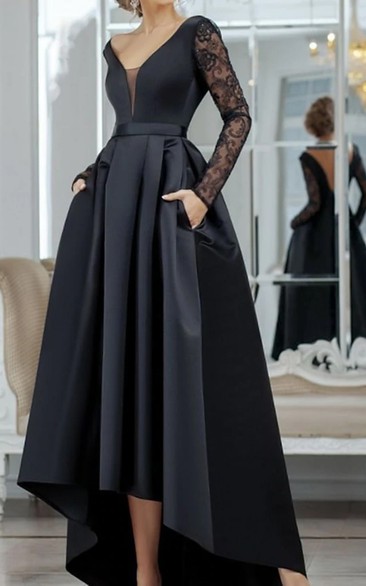 Elegant A Line Satin Ankle-length Long Sleeve Prom Dress with Pockets