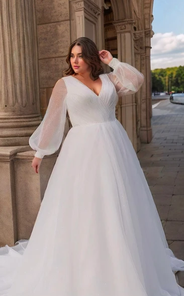Plus Size Elegant Long Sleeve A-Line V-neck Wedding Dress Chapel Train with Modern Country