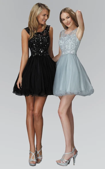 A-Line Short Bateau Sleeveless Tulle Satin Dress With Sequins And Beading