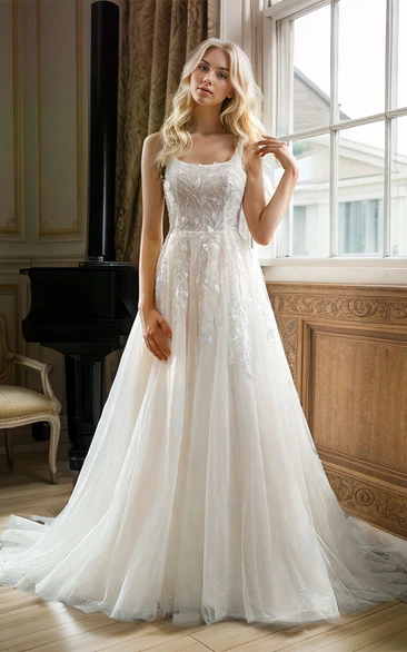 Elegant Modern A-Line Lace Appliques Tulle Square Neck Wedding Dress Sexy Straps Sleeveless Floor-length Beading Backless Bridal Gown