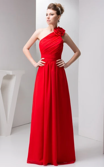 One-Shoulder Chiffon Maxi Dress with Ruching and Floral Epaulet