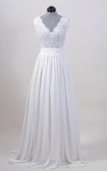 Sleeveless V-Back Alencon Lace Wedding Dress With Chiffon Skirt.