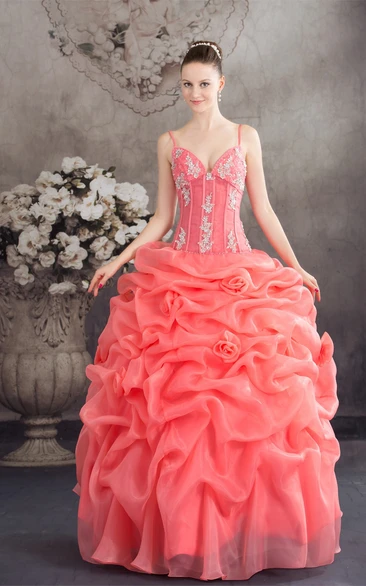 Spaghetti-Strap Ruffled Ball Gown with Appliques and Spaghetti-Straps