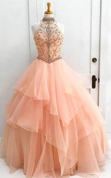 Ball Gown High Neck Long Tulle Prom Dress with Beading