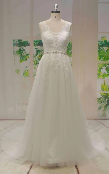 Tulle A-line Beaded Sash Sleeveless Lace Wedding Dress With V-back With Buttons