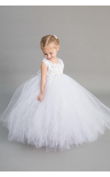 Cap Sleeve Ivory Chiffon Flower Empire Pleated Tulle Ball Gown With Bow