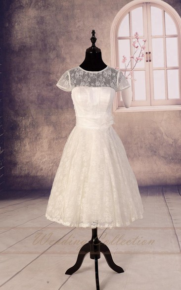 Sheer Lace Wedding Tea Length Wedding Garden Bridal Wedding Gown