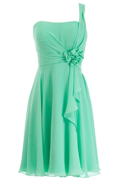One-shoulder Short Chiffon Dress With Floral Detail