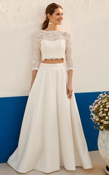 Modern Two Piece Floor-length 3/4 Length Sleeve Lace Jewel Wedding Dress with Ruching